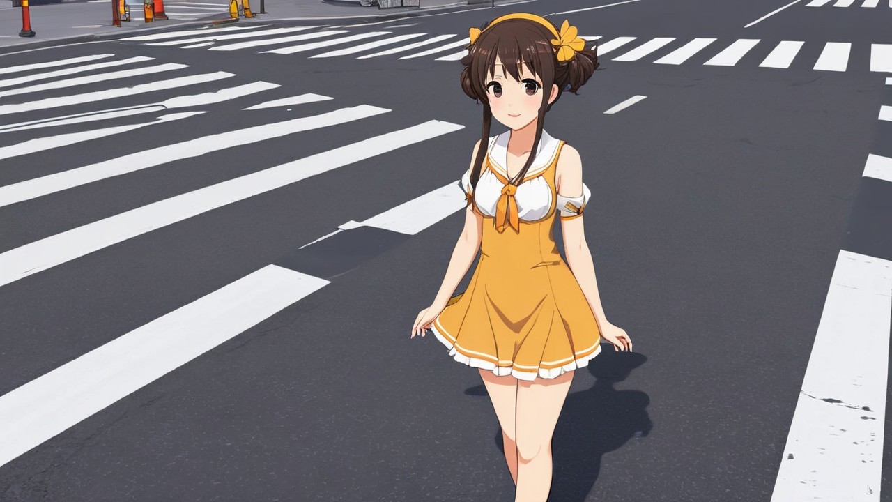 Cheerful anime girl in yellow dress at crosswalk