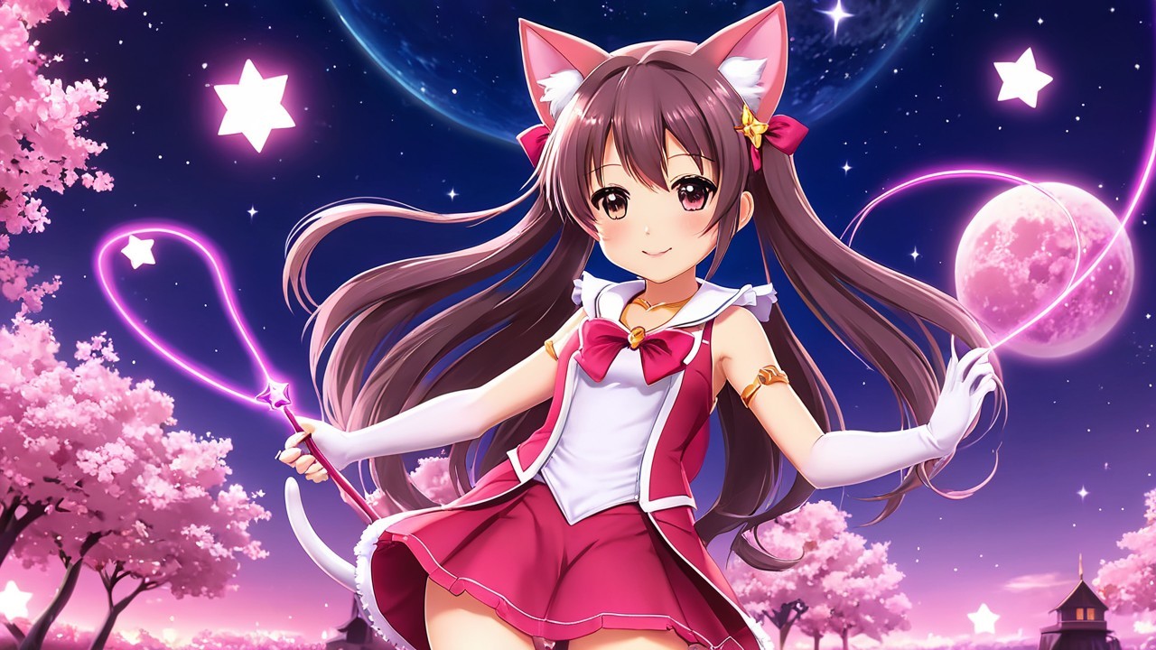 Playful Anime Character in Magical Night Scene