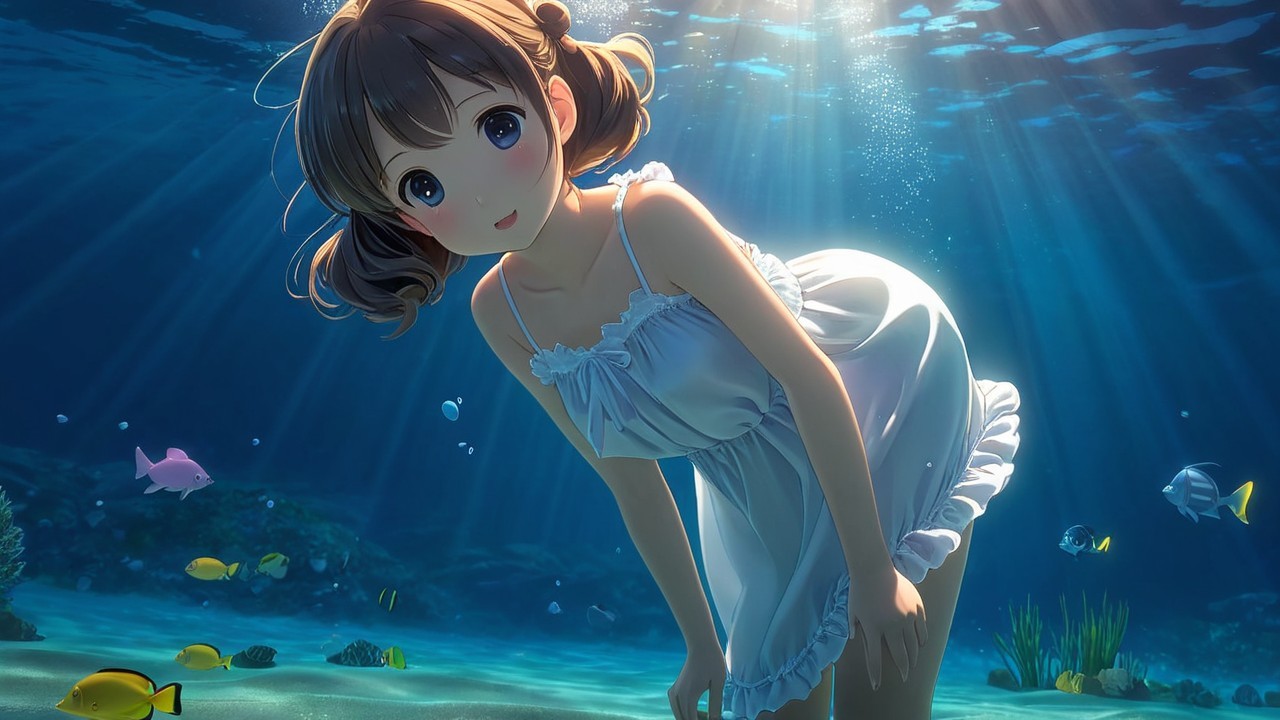 Young girl in white dress playing underwater with fish