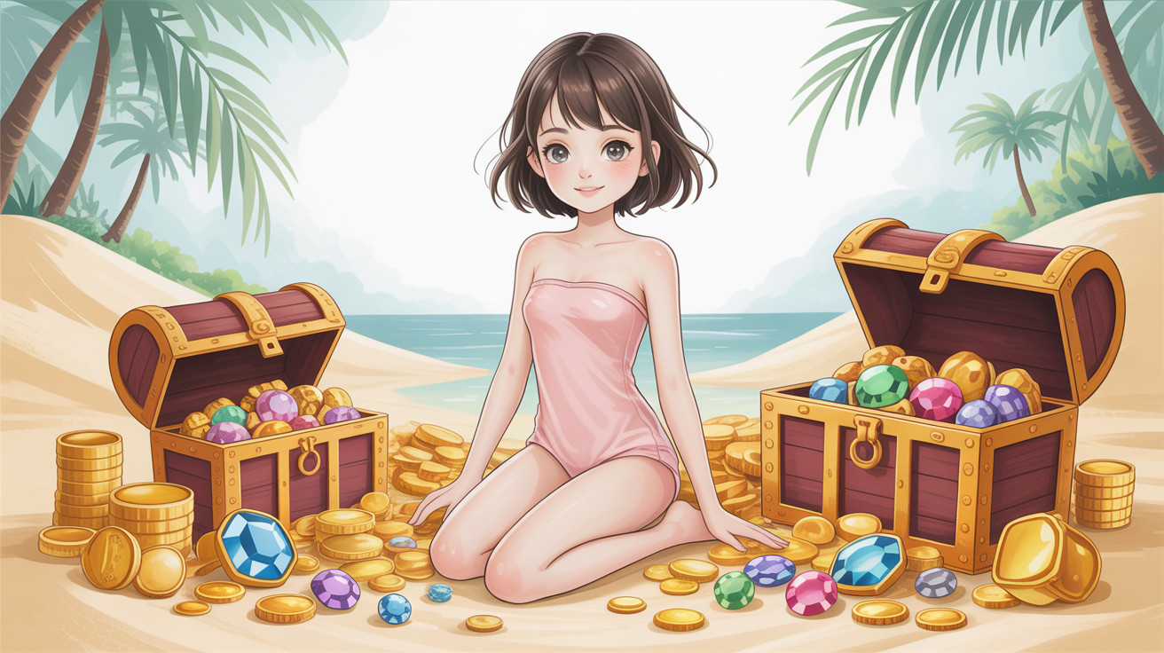 Anime girl kneeling on sand with treasure chests and gems