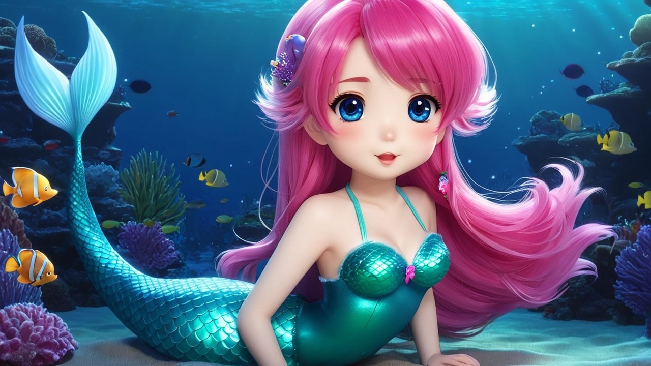 Cartoonish mermaid with pink hair in coral reef setting