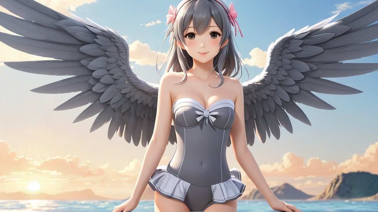 Young woman with gray wings by ocean at sunset