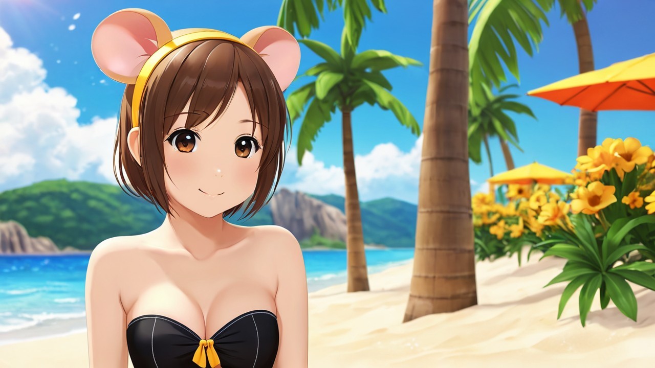 Cheerful Girl in Black Swimsuit at Vibrant Beach Scene
