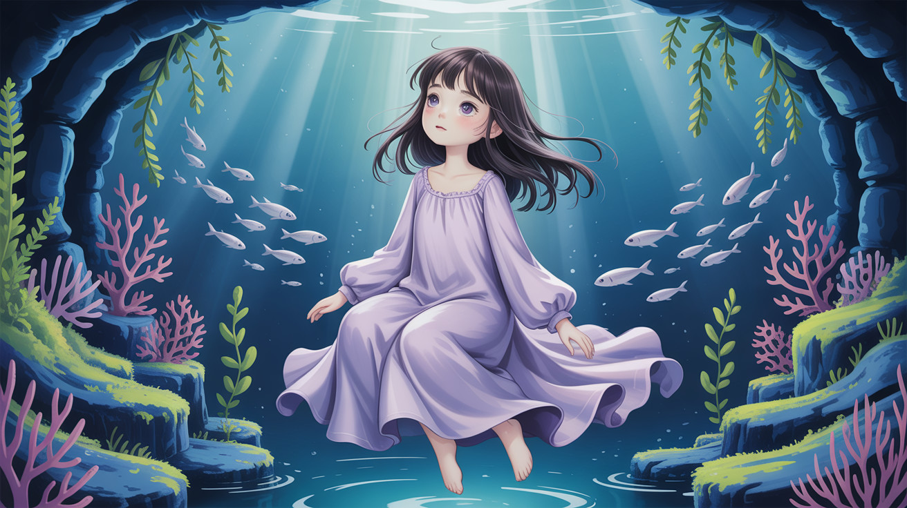 Anime-style digital painting of girl in underwater cave