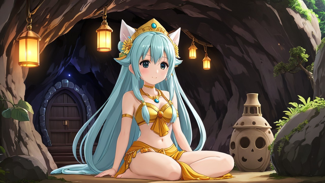 Anime Character in Cozy Cave with Cat Ears and Lanterns
