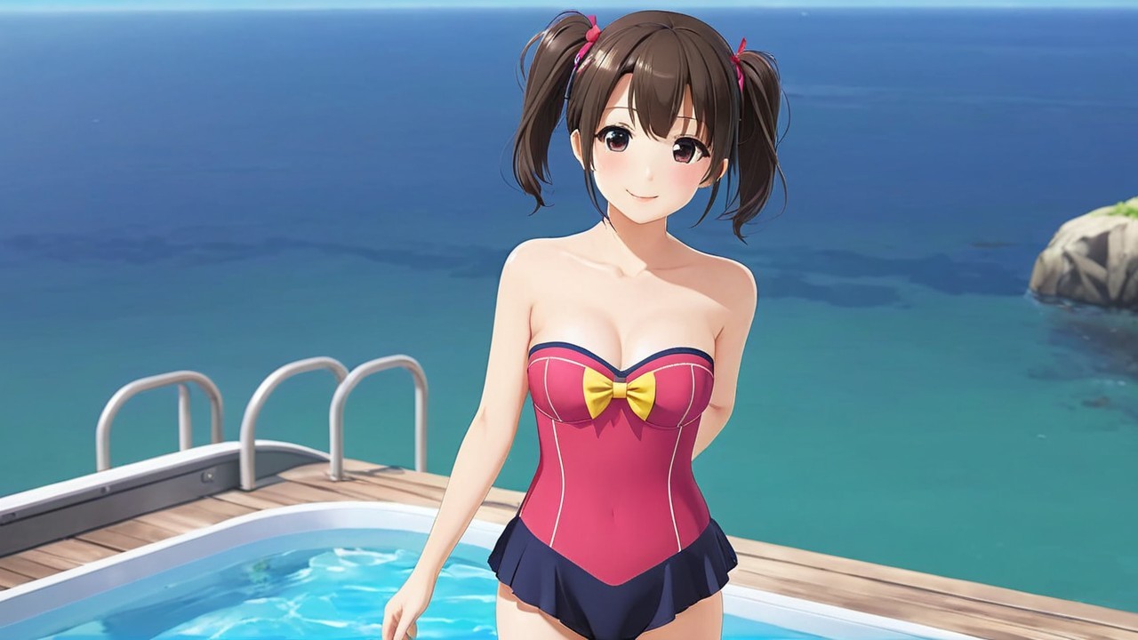 Cheerful Animated Character by Pool with Ocean View