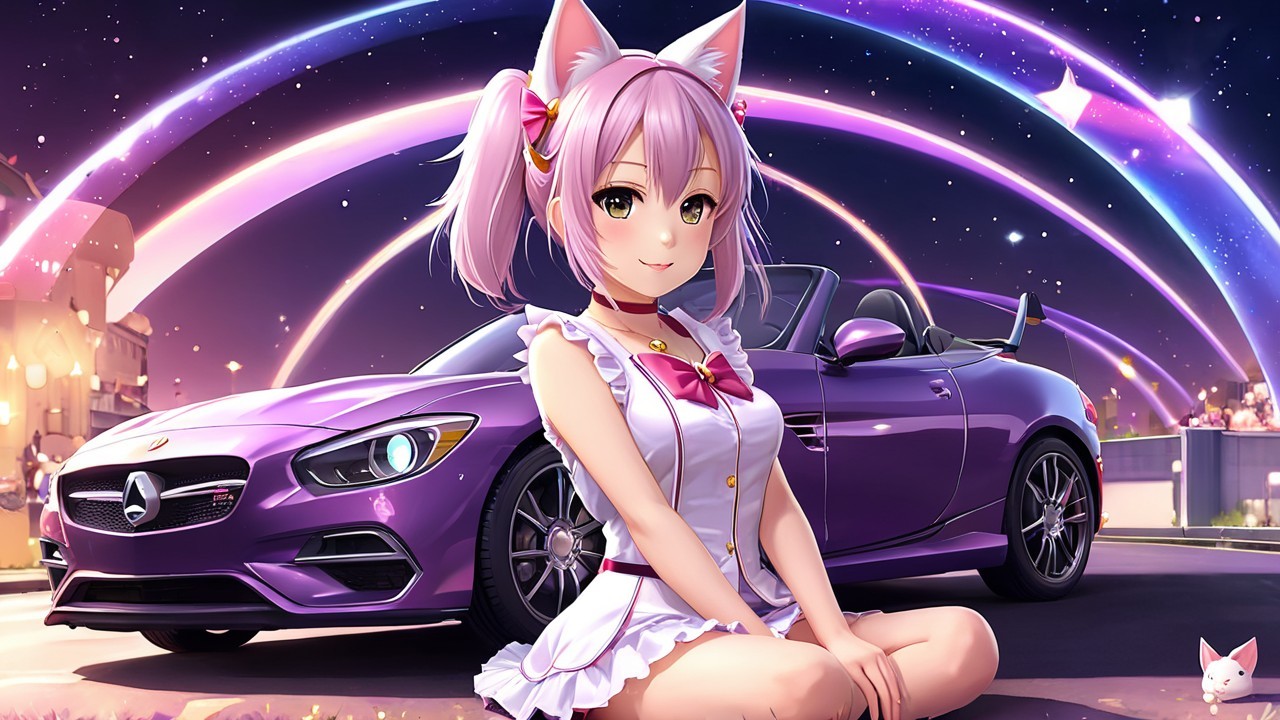 Vibrant anime scene with girl, cat ears, and sports car