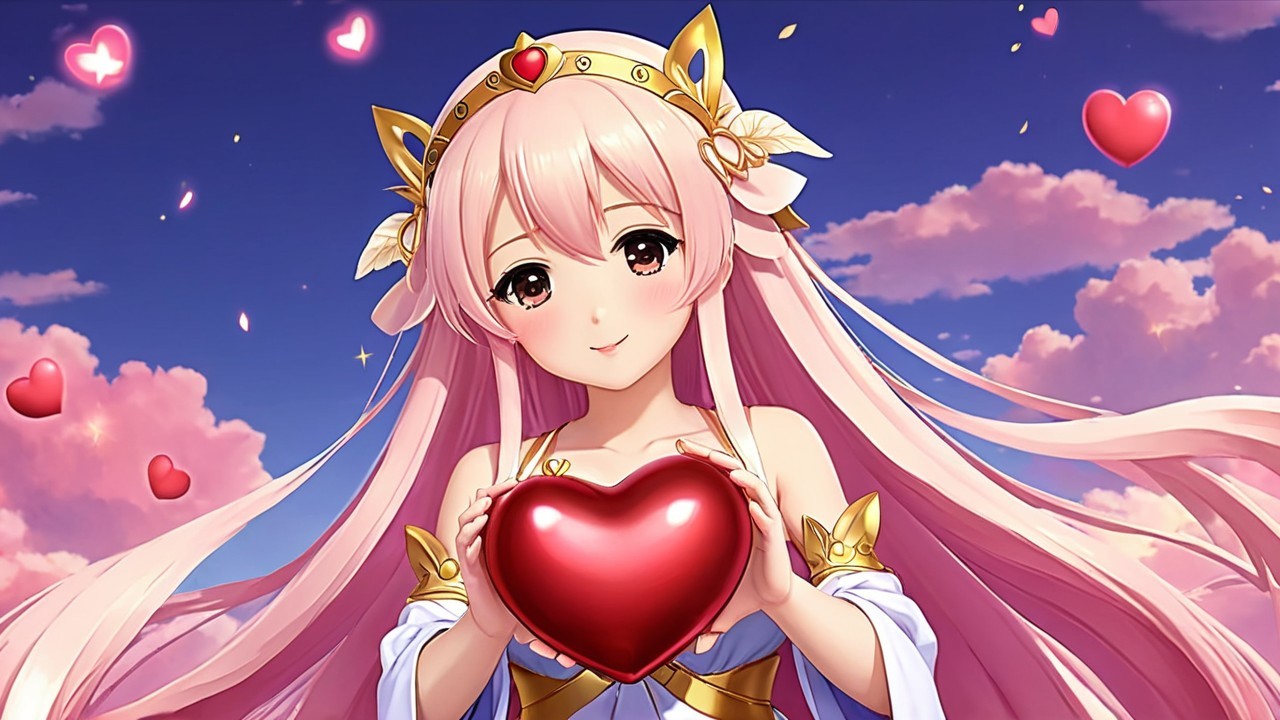 Cheerful anime girl with pink hair and hearts
