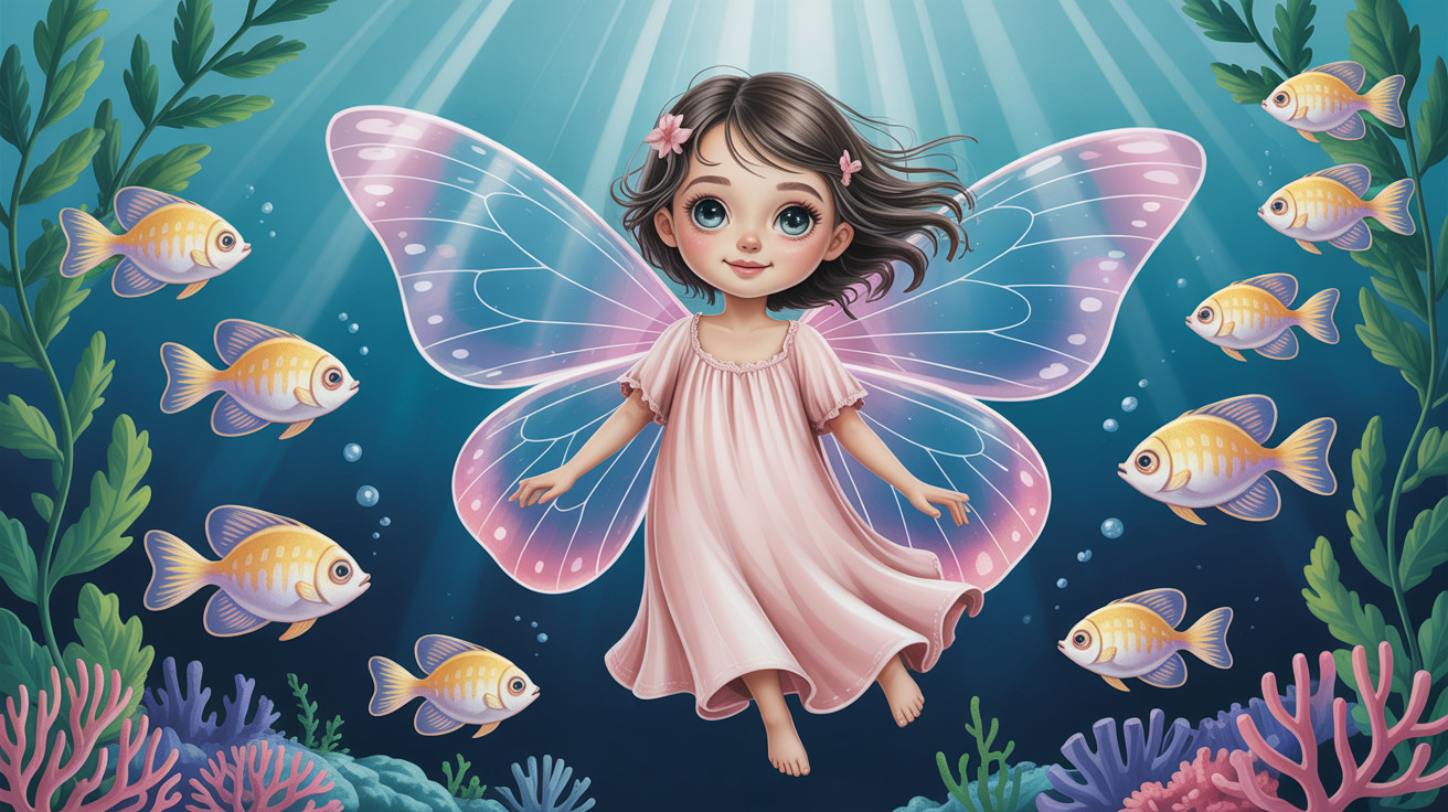 Young fairy swimming underwater with colorful fish and coral