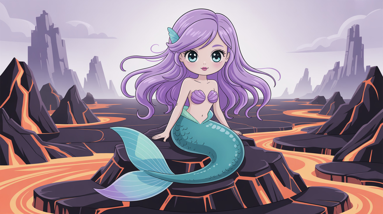 Chibi mermaid with purple hair in alien landscape