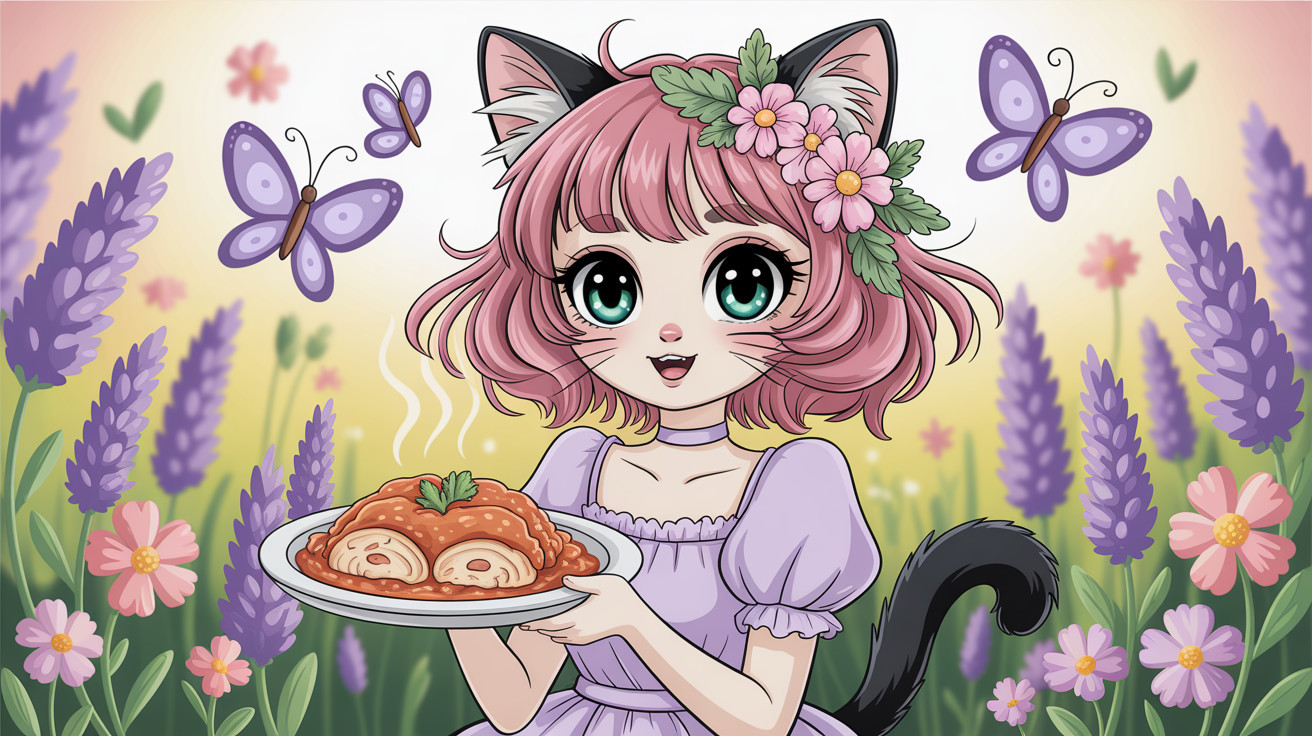 Playful Anime Girl with Pink Hair and Lavender Flowers