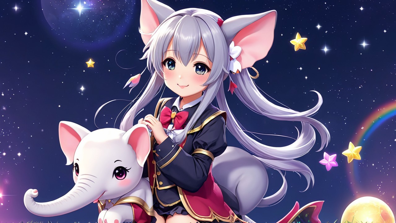 Cheerful girl with gray hair and plush elephant in stars