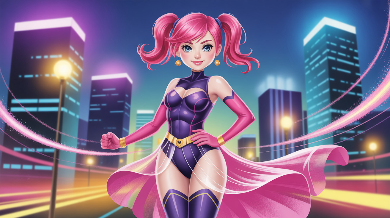 Cartoon Superheroine in Futuristic Night Cityscape