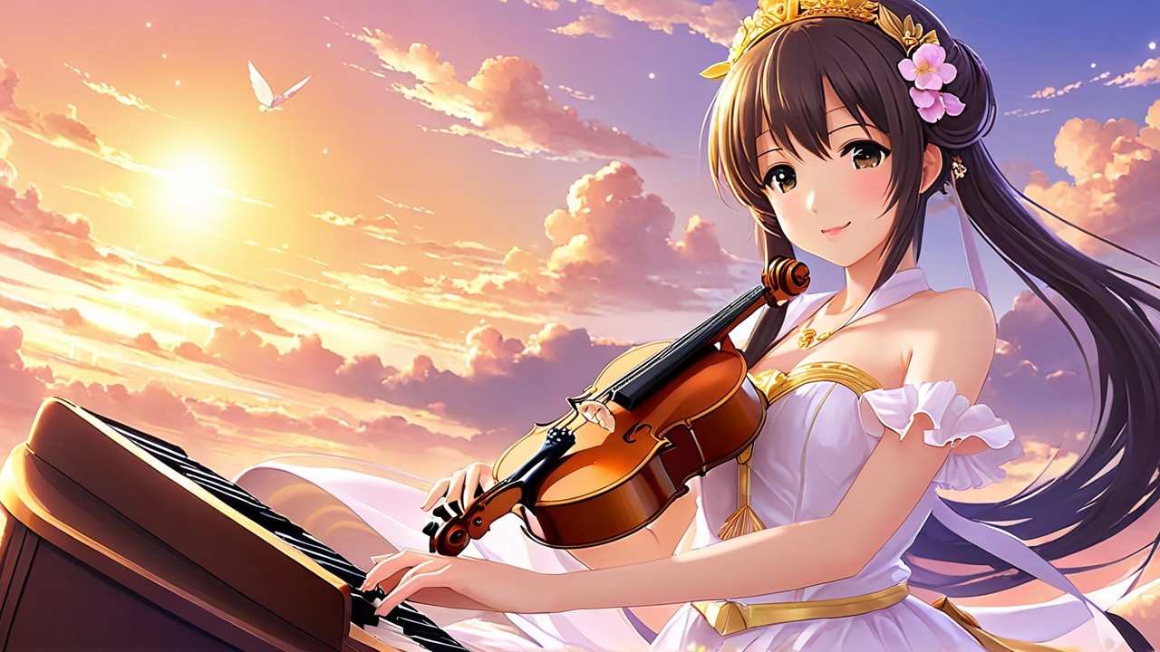 Young Woman in White Dress Playing Violin at Sunset
