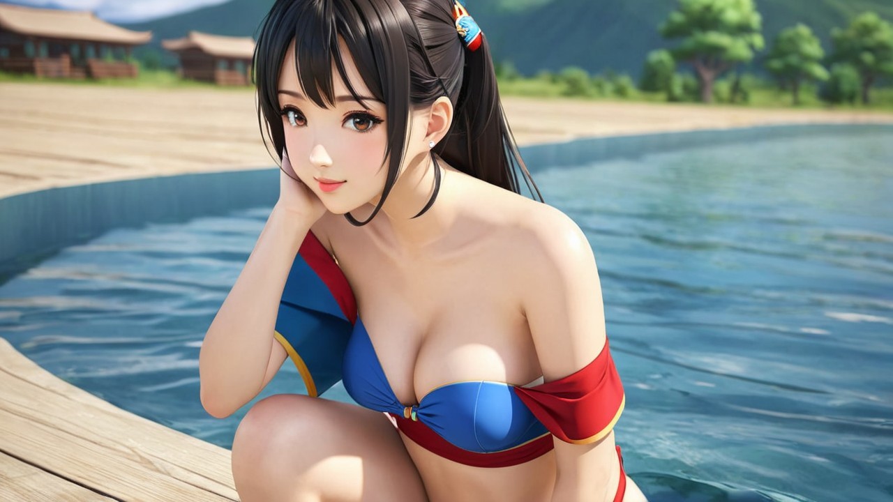 Young woman by blue pool in scenic mountain landscape