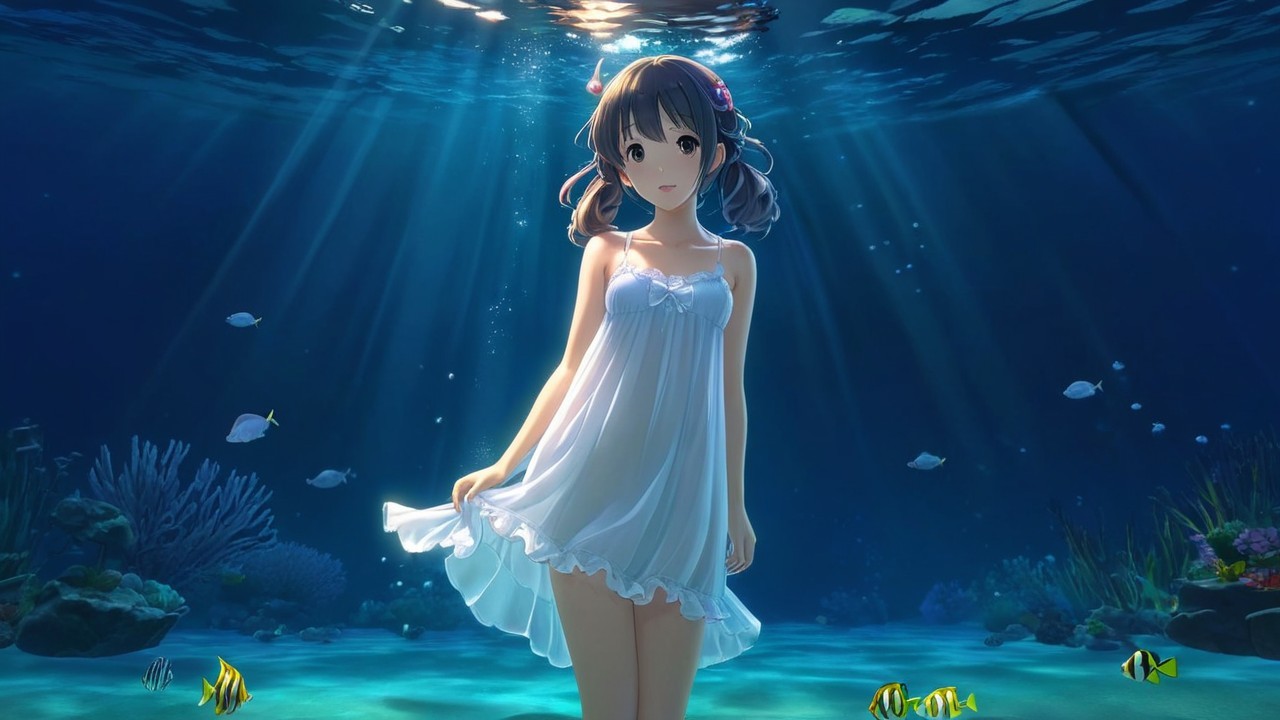 Underwater Scene with Girl in White Dress and Coral