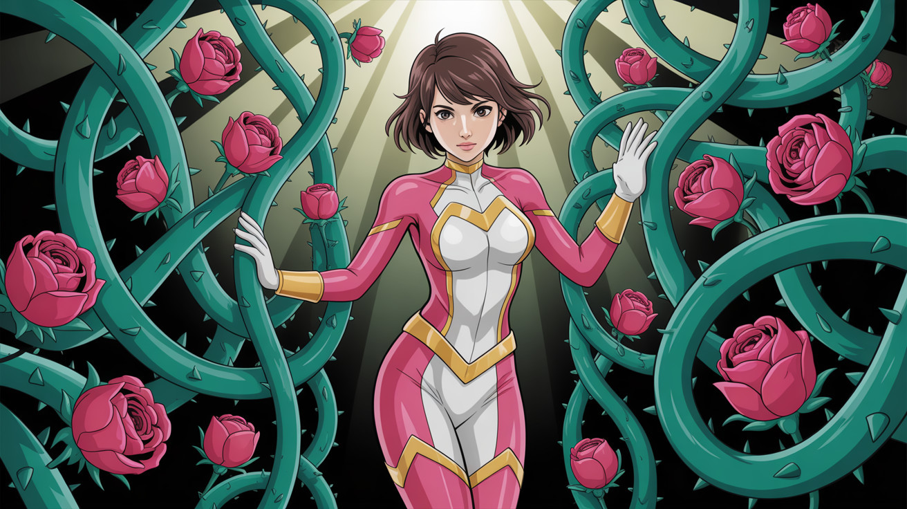 Anime Portrait of Woman in Red Jumpsuit with Vines