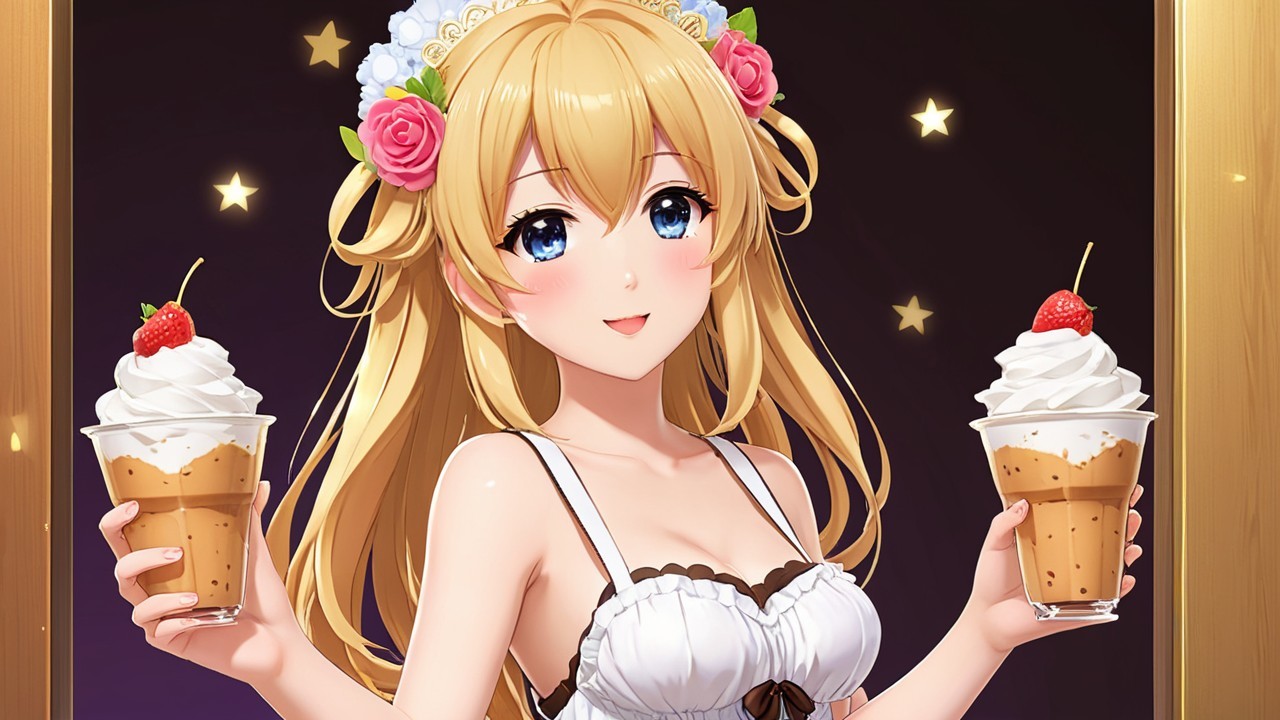 Cheerful anime girl with parfaits and starry background