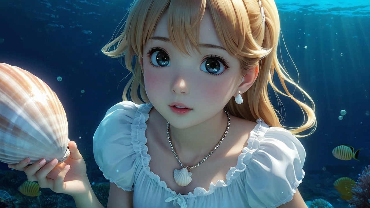 Young girl underwater with seashell and colorful fish