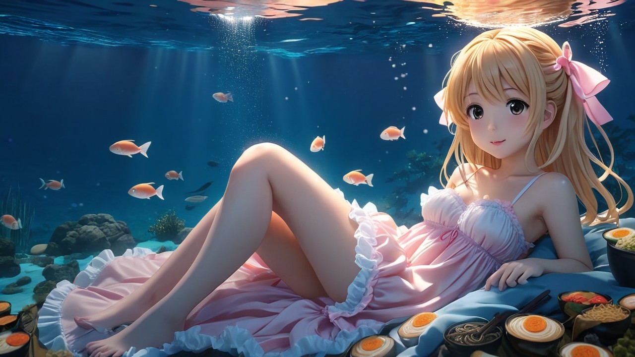 Underwater Scene with Girl and Colorful Fish