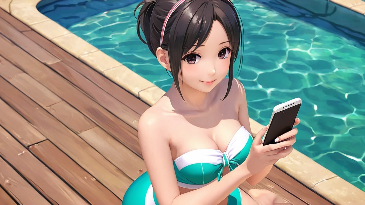 Young woman in two-tone swimsuit by sparkling pool