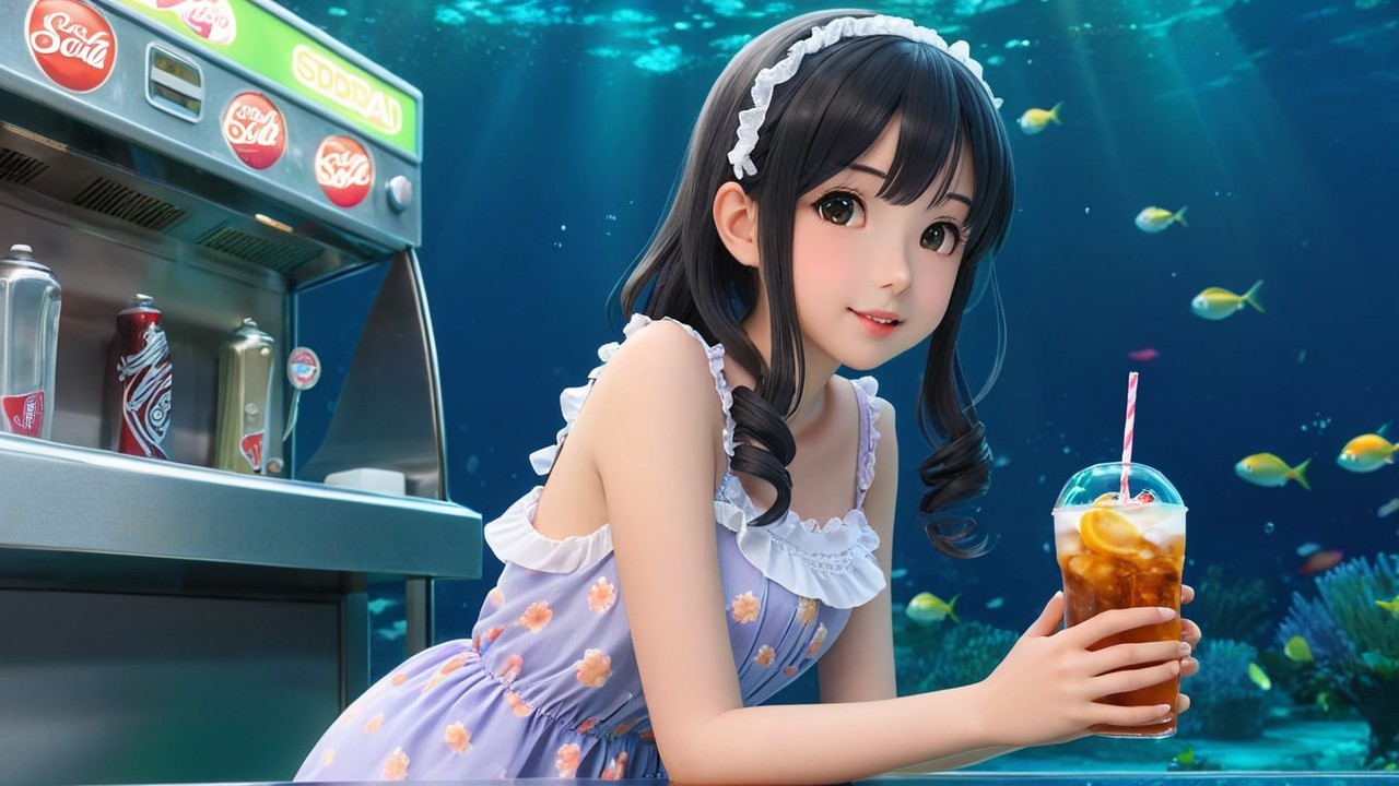 Young Woman in Floral Dress with Underwater Backdrop