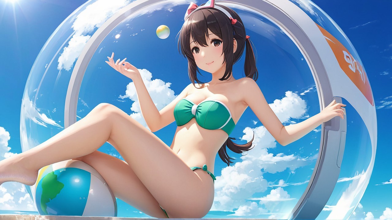 Cheerful anime girl in a dome with beach elements