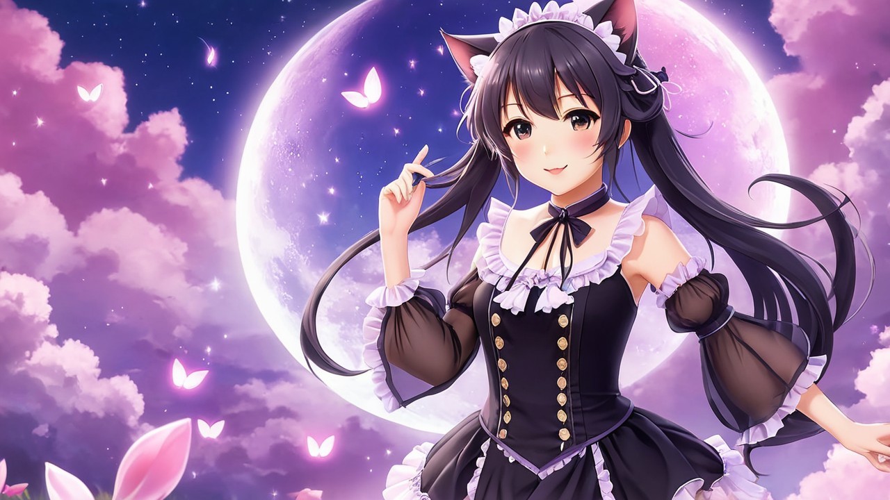 Anime Character in Maid Outfit with Cat Ears and Moon