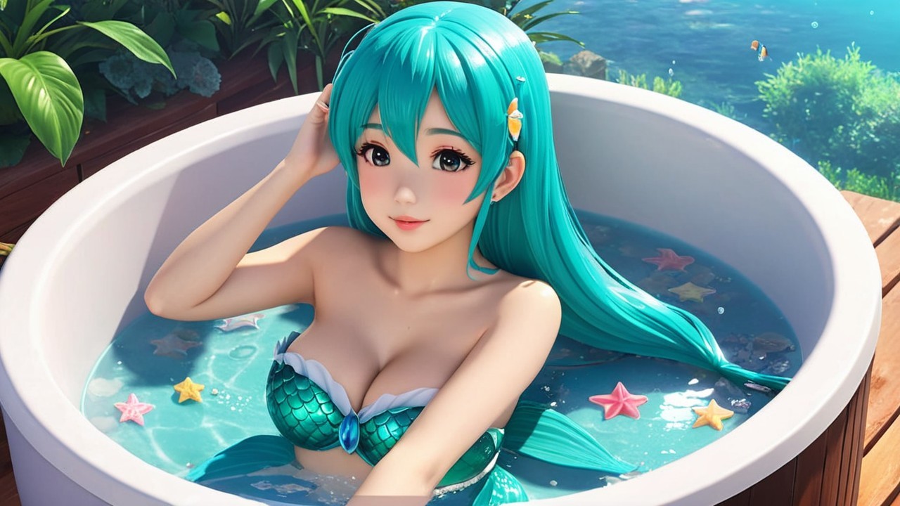 Mermaid in Bathtub Surrounded by Tropical Plants