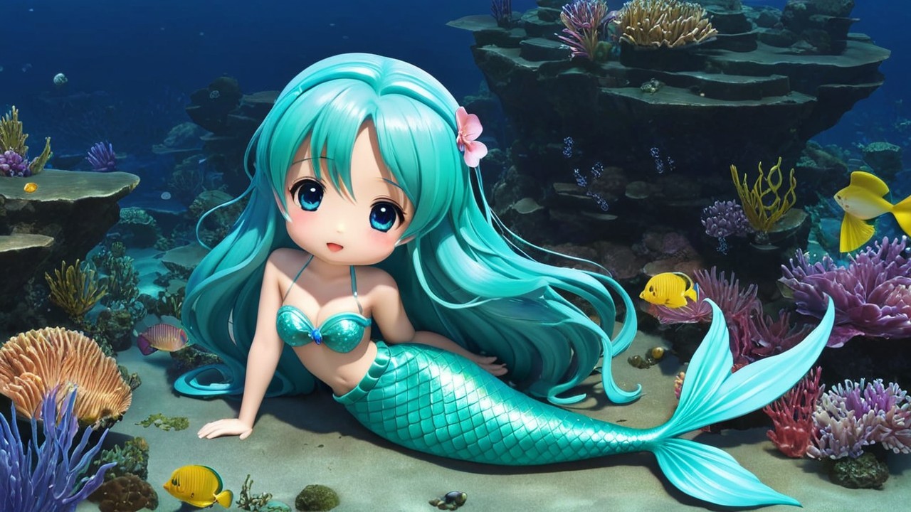 Vibrant underwater scene with anime-style mermaid