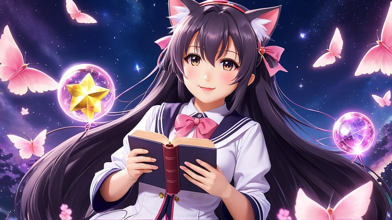 Young girl with cat ears in a magical night scene