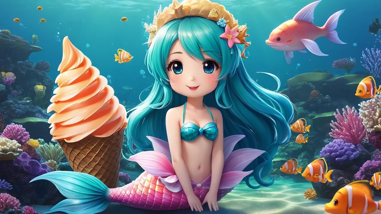 Whimsical Underwater Scene with Mermaid and Coral Reef