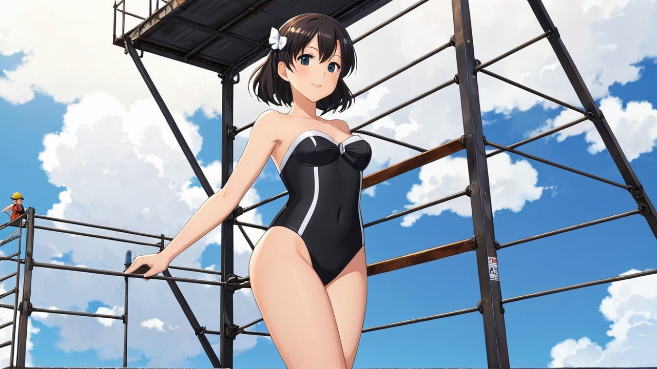 Cheerful girl in black swimsuit on diving platform