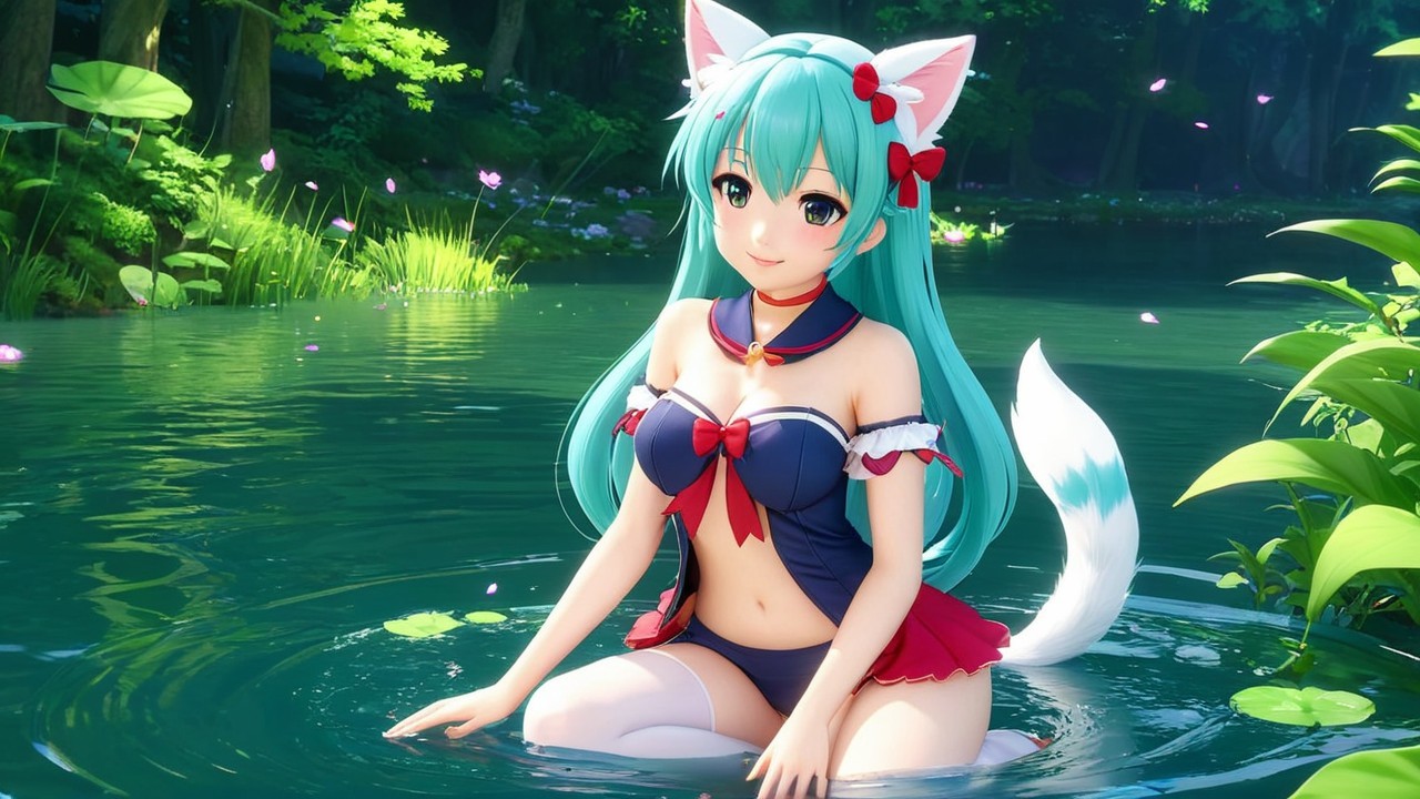 Teal-Haired Anime Character in Serene Pond Setting