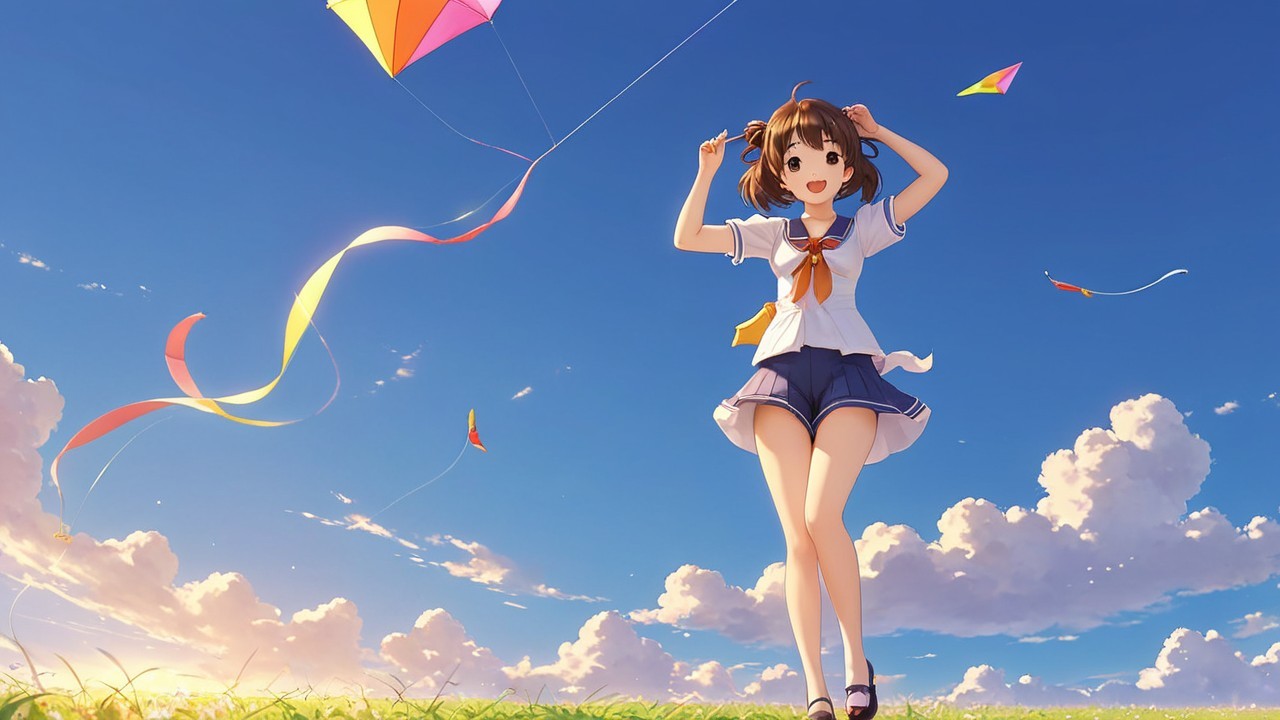 Young Girl in School Uniform Flying Colorful Kite