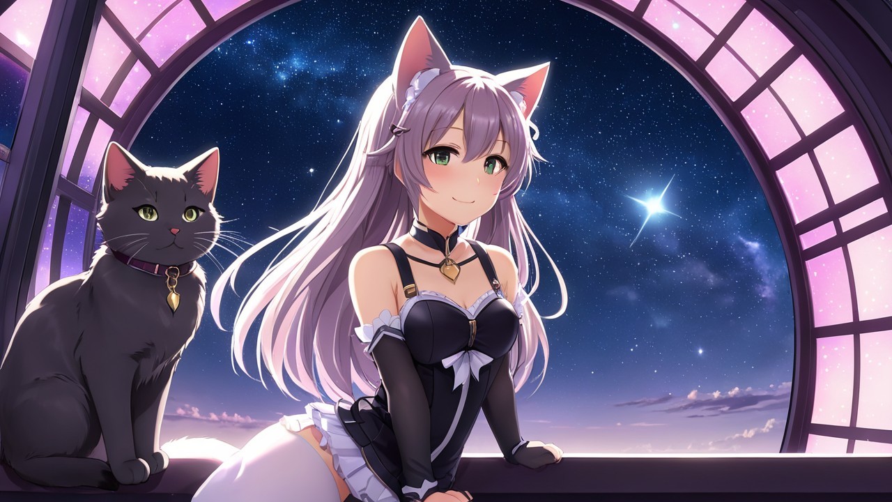 Young woman with cat ears in a starry room setting