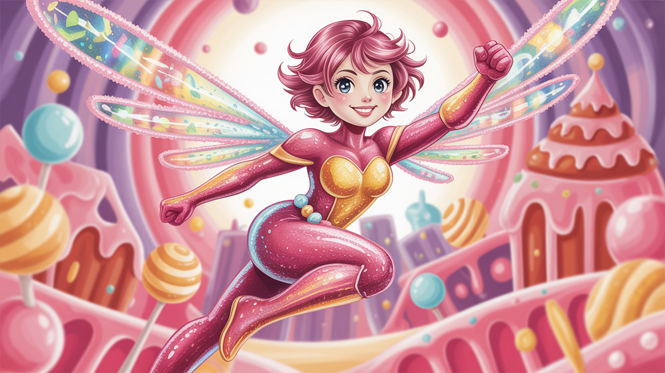 Joyful Fairy Superhero in Whimsical Candyland Setting