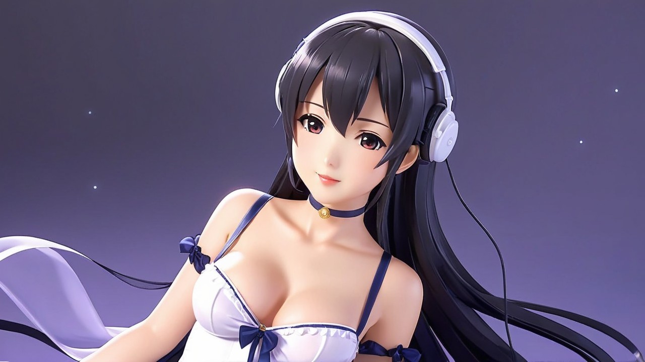 Stylized character with long black hair and headphones