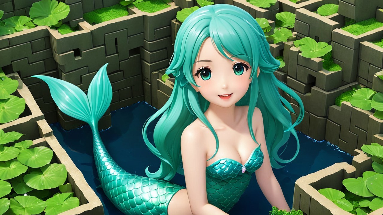Vibrant Mermaid in a Serene Water Maze Scene