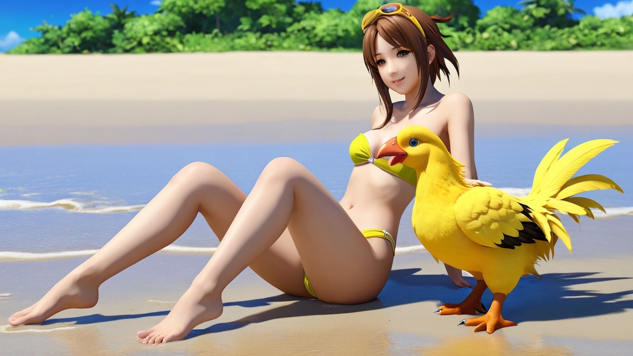 Young Woman in Yellow Bikini on Sandy Beach