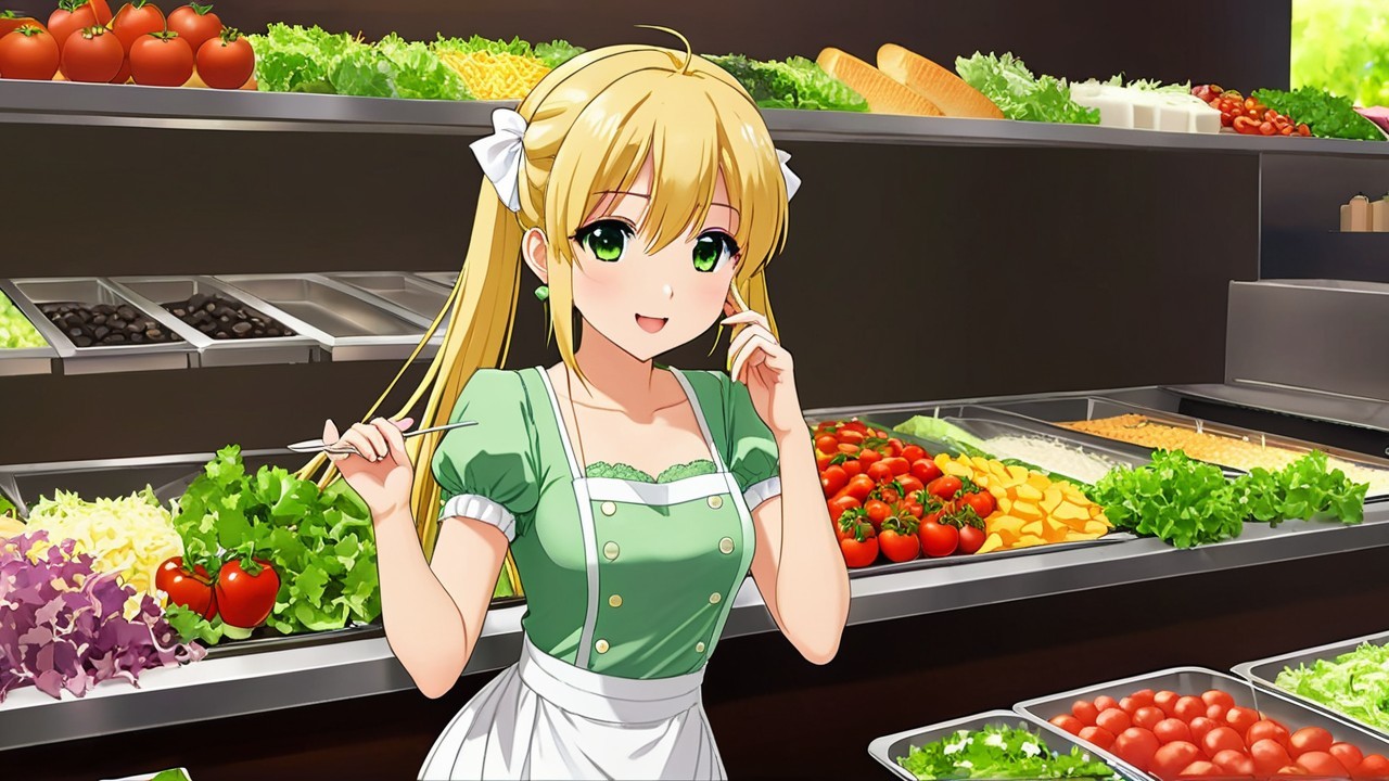 Cheerful Anime Girl in Colorful Market Scene