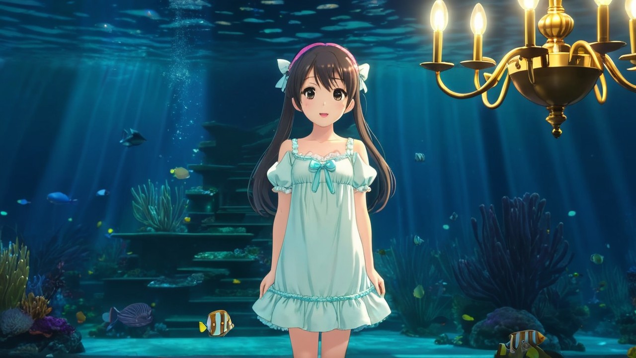 Young girl underwater with colorful fish and coral