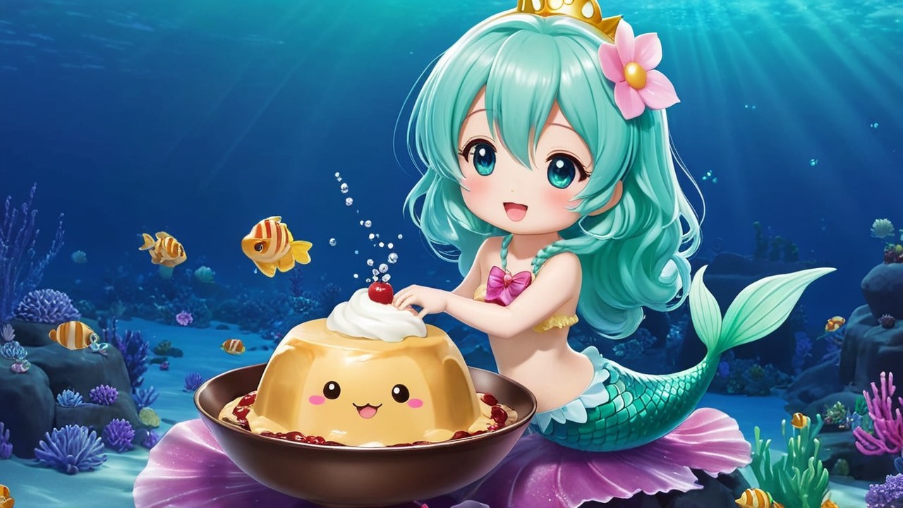 Cheerful Mermaid Prepares Dessert in Underwater Scene