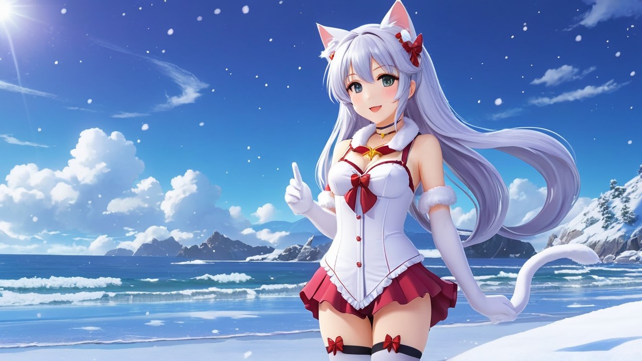 Anime Character with Silver Hair at Snowy Beach