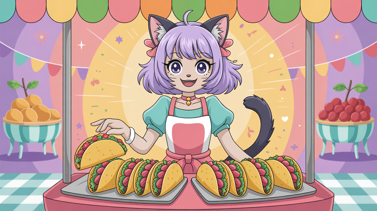 Anime Cat Girl at Colorful Carnival Taco Stall