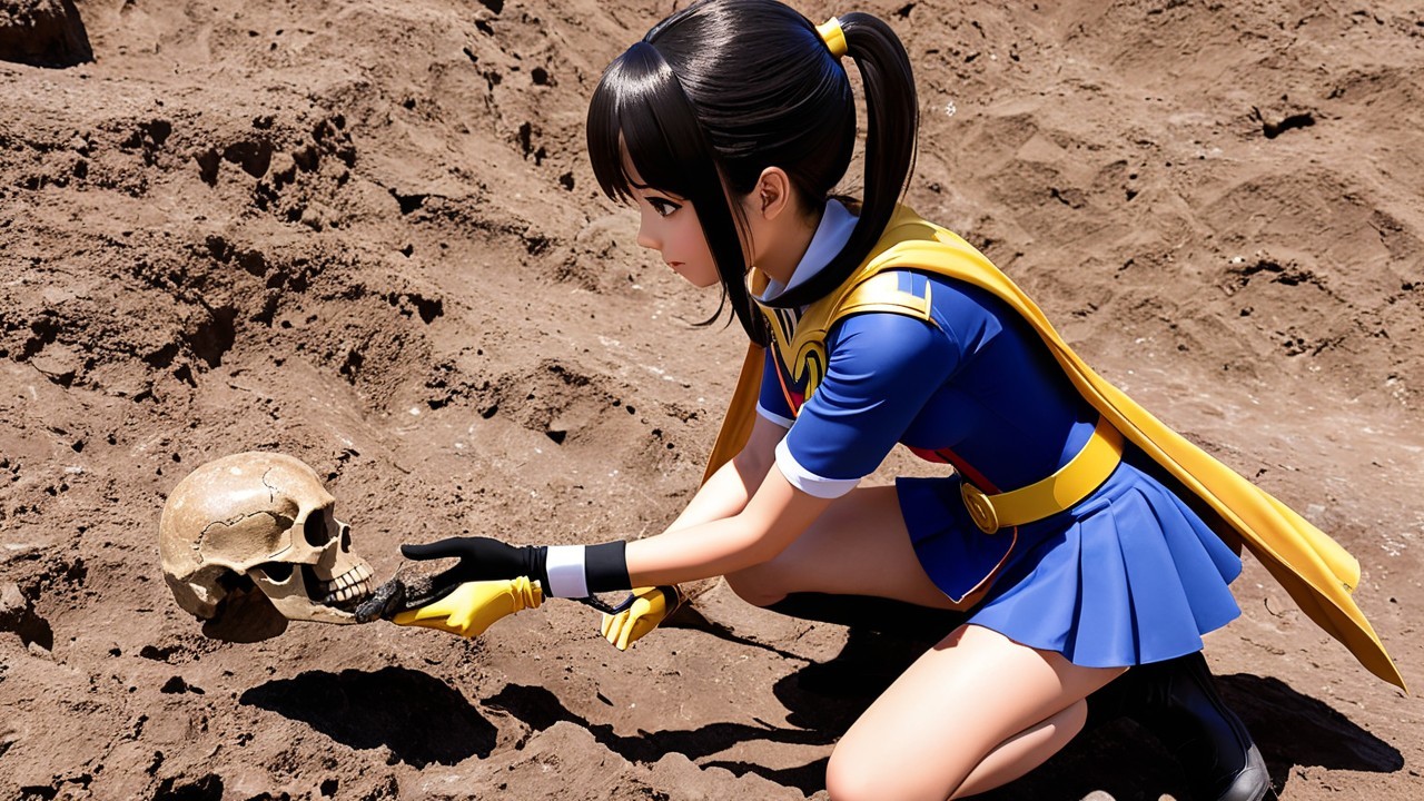 Character in Blue and Yellow Costume Examines Skull
