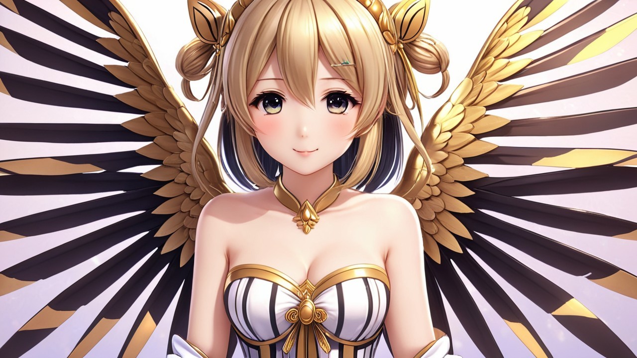 Stylized character with golden wings and elegant attire