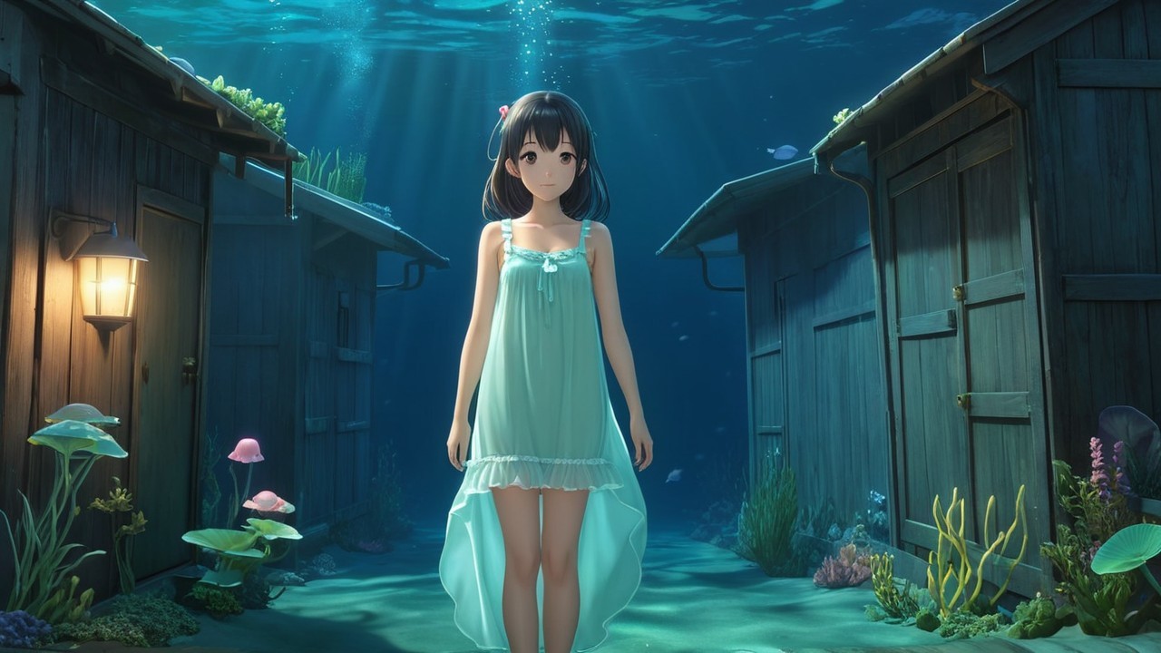 Underwater Scene with Girl in Light Green Dress