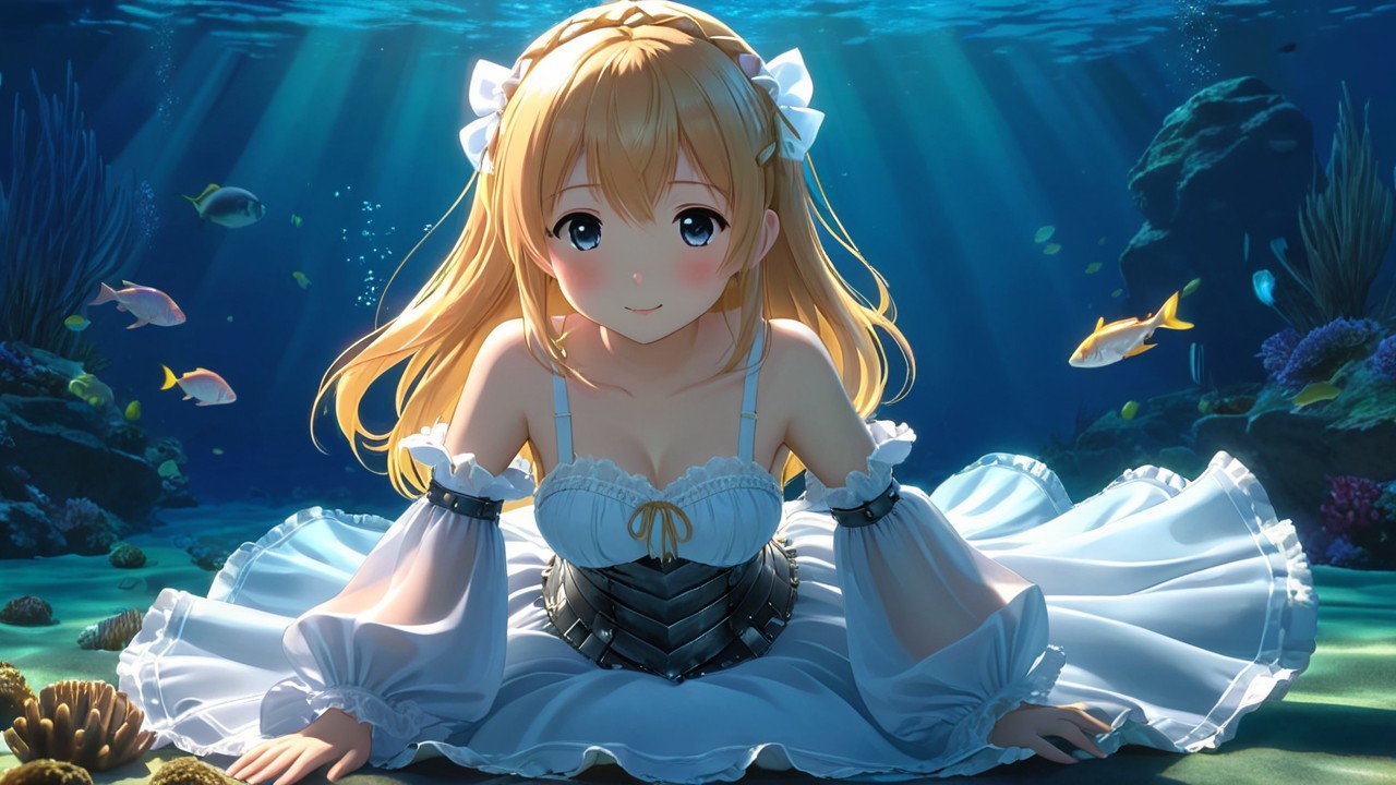 Young Woman in White Dress on Sandy Ocean Floor