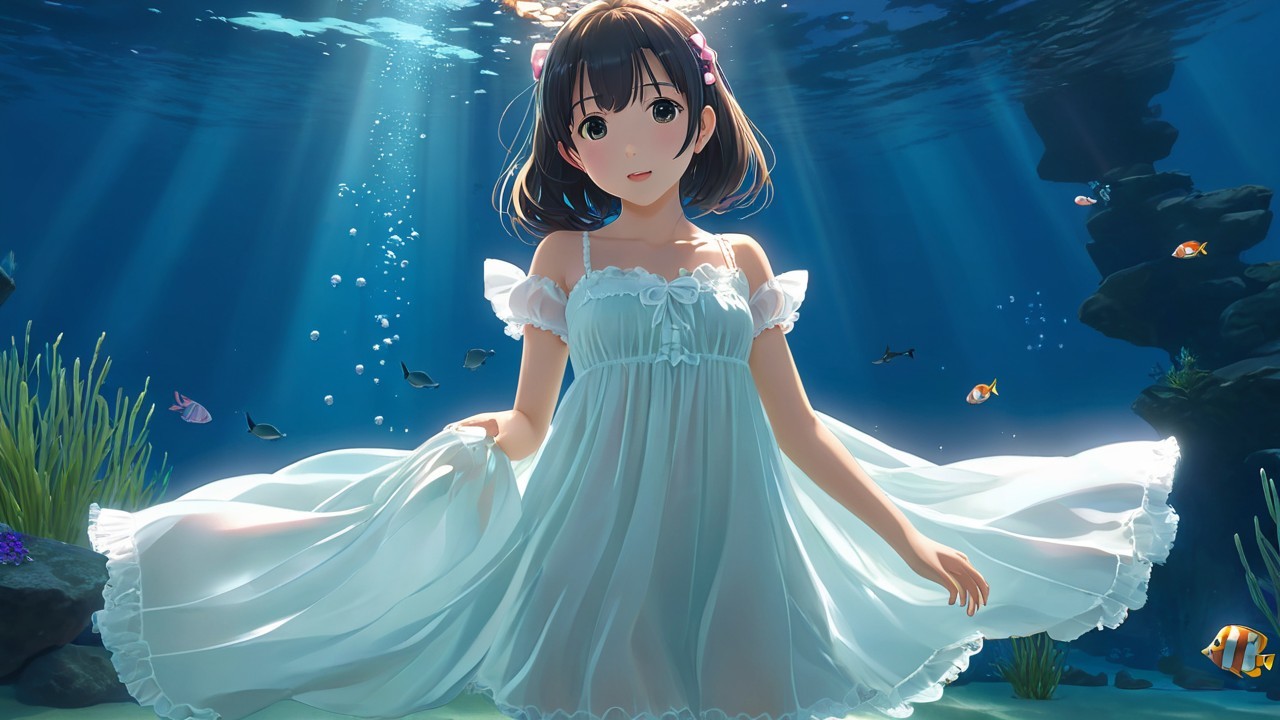 Underwater Scene with Girl in Light Blue Dress